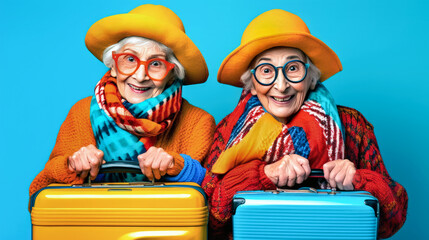 adorable couple of friends dressed very warmly with their suitcases on a blue background. funny grannies with glasses and hats hold their travel suitcases. Generative Ai