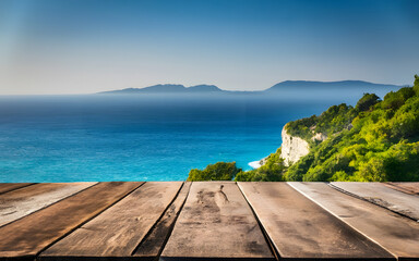 Wooden table on the background of the sea, island, beach and the blue sky. blank wood table copy space.
