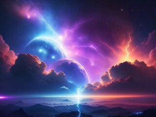 A majestic view of the universe, planets connected by electric flashes of lightning, illuminated by a mysterious background.