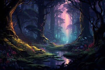 Enchanting twilight forest with glowing neon milieu. Generative AI