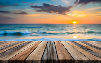 Fototapeta na wymiar Wooden table on the background of the sea, island, beach and the blue sky. blank wood table copy space.