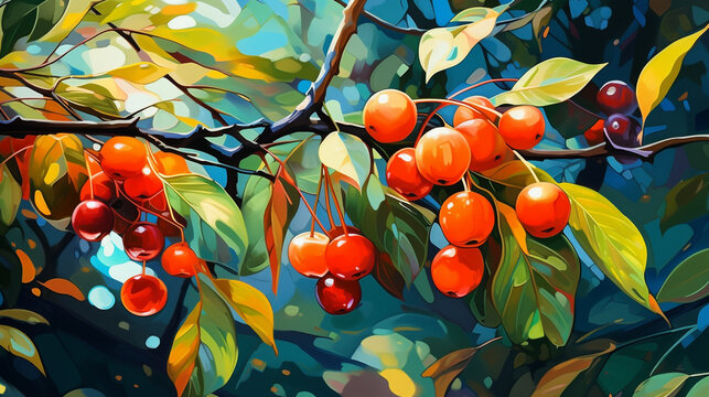 closeup of leaves and forest fruit on trees bright painting