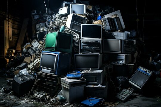 Piled electronics for disposal - including fridges, laundry machines, etc. Generative AI