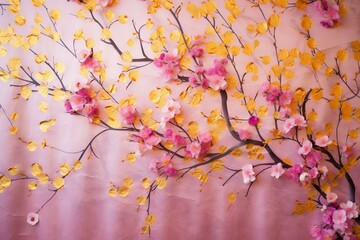 A beautiful backdrop with golden hue and adorned with vibrant plum blossom flowers. Generative AI