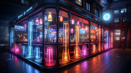 Cyberpunk style club, bar or pub in a city at night. Colorful neon decoration. Futuristic concept. Generative ai