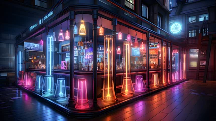 Foto op Canvas Cyberpunk style club, bar or pub in a city at night. Colorful neon decoration. Futuristic concept. Generative ai © JMarques