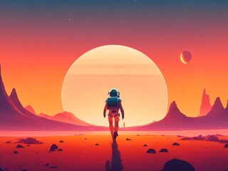 An astronaut walking in alien planet, walking towards the horizon, sunset in a fantasy world, minimalistic art