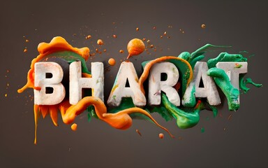 The word BHARAT, with Indian paint colors splashing: orange, white, and green . Realistic , High details , dark background, creative image , 3d render.