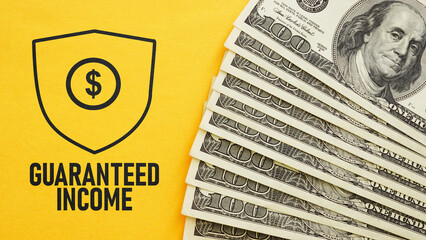 Guaranteed income is shown using the text and photo of dollars and picture of the shield