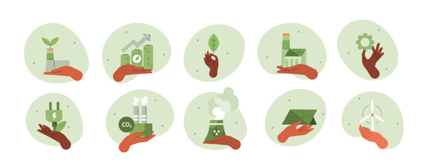 Climate change illustration set. Characters hands holding factory, solar panels, wind turbine and other objects as metaphor for green industry, decarbonisation and sustainability. Vector illustration.