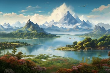 Naklejka na ściany i meble A serene landscape of a lake and mountains in a Chinese and Japanese style. Generative AI