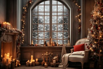 Fototapeta na wymiar Festive room adorned with holiday window decorations, garlands, lanterns, and a Christmas tree. Creates a fun and atmospheric winter holiday ambience. Generative AI