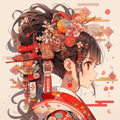 Anime beautiful girl with japanese traditional clothes