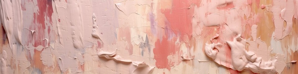 Fototapeta premium Pastel pink brown art Acrylic smear blot. Interior painting. Abstract texture color stain horizontal wall background, Texture brush strokes, Wide banner
