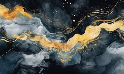 Texture of black marble stone. Spreading paint out wallpaper and golden flow. Created with generative AI tools