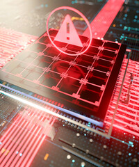 Conceptual alert symbol over the top of a modern circuit board and processor glowing red 3d render