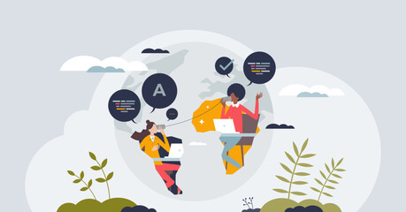 The rise of remote work culture and distant communication tiny person concept. Popular freelance model with online connection as flexible workspace option vector illustration. International team.