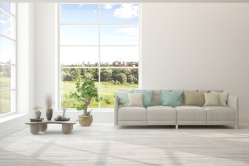 Fototapeta premium Modern interior concept with sofa and summer landscape in window. 3D illustration