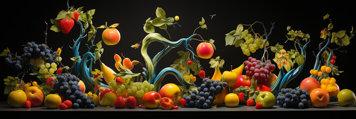 A visually captivating composition featuring an unconventional fruit motif dance across a black backdrop.
