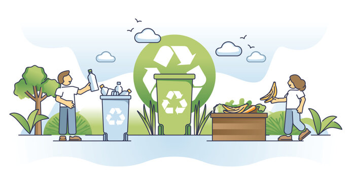Waste management as trash separation for material recycling outline concept. Plastic bottles and biodegradable food compost container as environmental and nature friendly disposal vector illustration