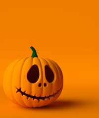 Large carved halloween pumpkin on an orange background 3d render