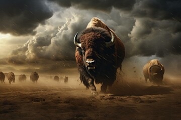 Buffalo stampede across the prairie amidst a storm, raising a dust cloud. Generative AI