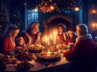 Family having christmas dinner, feast at home in decorated living room.