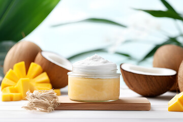 Fototapeta na wymiar cosmetic jar of body scrub Mango coconut