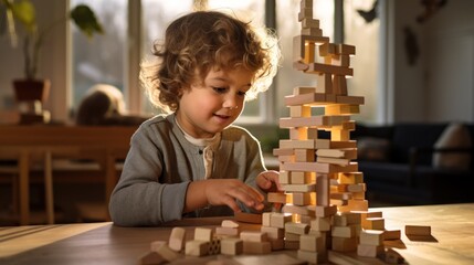 Young boy building a tall tower with wooden blocks.