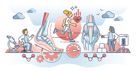 Kinesiology as science about body movement and physiology outline concept. Treatment and orthopedic rehabilitation with medical muscular and skeletal system diagnostic research vector illustration.