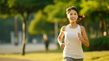 フィットネスと女性、笑顔でジョギングをする日本人