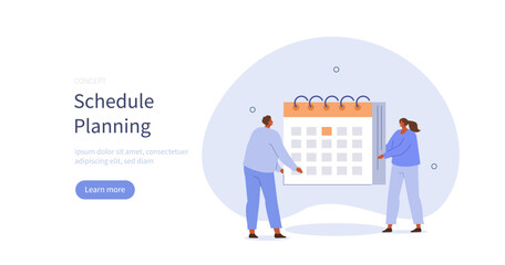 Time management. Characters organizing schedule and planning calendar appointments. Organization concept. Vector illustration.