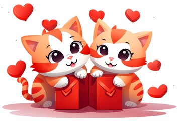 Fototapeta premium Two happy illustrated ginger and white kittens holding a present each on a white background with love hearts