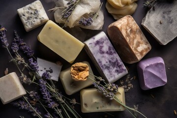 Assorted natural soap bars with lavender, cotton, and patchouli on a stone background in a flat lay style. Generative AI - obrazy, fototapety, plakaty