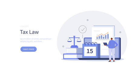 
Taxes. Character lawyer filling tax declaration form. Tax law authority concept. Vector illustration.
