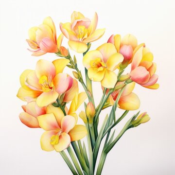Yellow watercolour freesia summer flower image on white background. Floral blossom concept