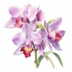 Pink violet purple watercolour orchid phalaenopsis flower illustration on white backdrop. Floral blossom concept