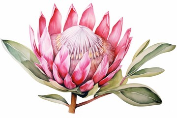 Pink watercolour protea xmas flower illustration on white background. Floral blossom holiday concept