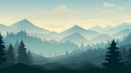 Majestic Landscape Illustration Banner. Tranquil Mountain Range in a Foggy Forest.