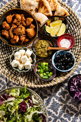 Appetizers food, cold dishes with roasted chiken. Colorful dishes