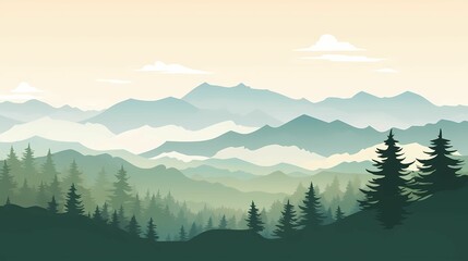 Majestic Landscape Illustration Banner for Wallpaper. Tranquil Mountain Range in a Foggy Forest.
