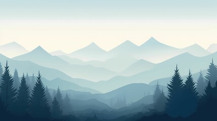 Majestic Landscape Illustration. Tranquil Mountain Range in a Foggy Forest Banner.