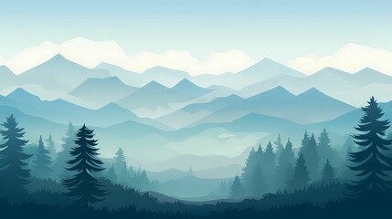 Majestic Landscape. Tranquil Mountain Range in a Foggy Forest Banner.