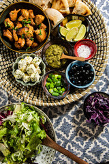 Appetizers food, cold dishes with roasted chiken. Colorful dishes