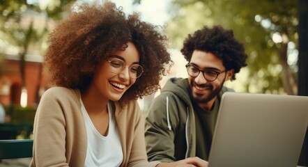 Bible Study. Happy young multiethnic cheerful young couple using laptop in cafe outdoors.
