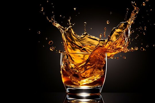 Splash of amber whiskey isolated on a plain background. Generative AI