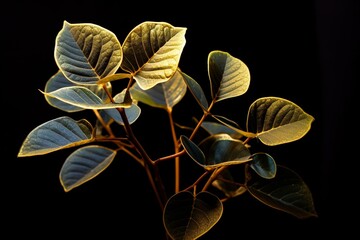 Golden-leafed plant with green and brown leaves against black backdrop, illuminated. Generative AI