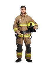 Tired bearded firefighter in uniform, holding protective helmet. Front view of dark-haired male rescuer with safety helmet keeping hand on waist belt, isolated on white studio background. Job concept.