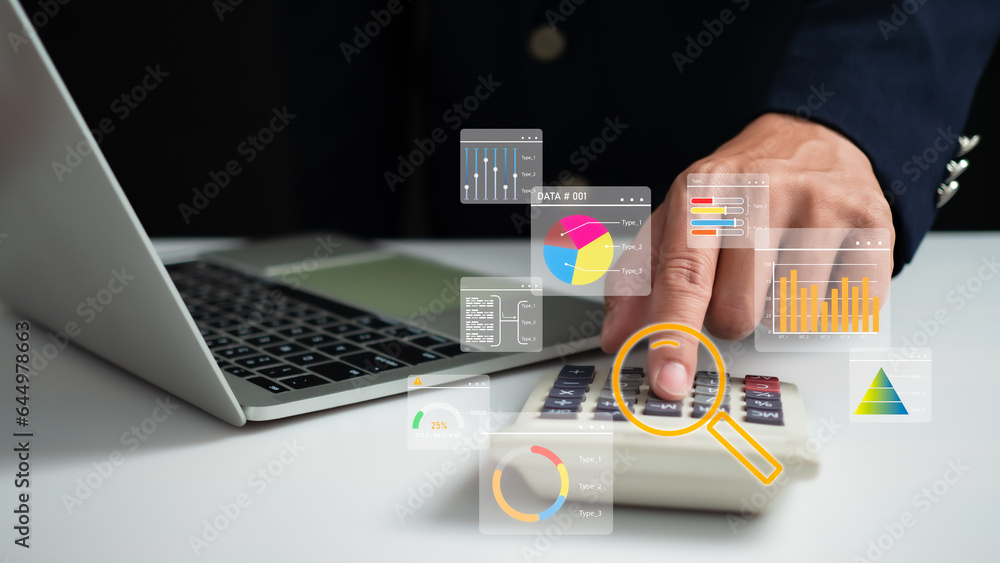 Poster business people use computers and calculator to analyze business and manage corporate data, business