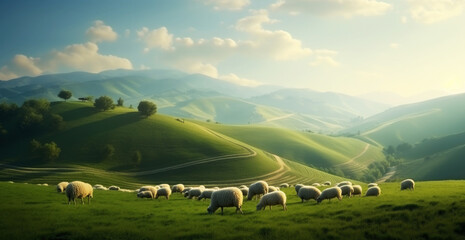 Flock of sheep grazing in the green meadow.